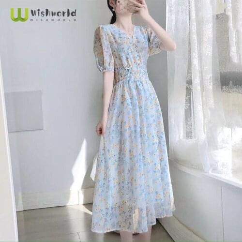 Korean Autumn New V-neck Chiffon Printed Ruffle Sleeve Dress Fashion Women Korean Party Club Dress Transparent Mesh Gown Robe