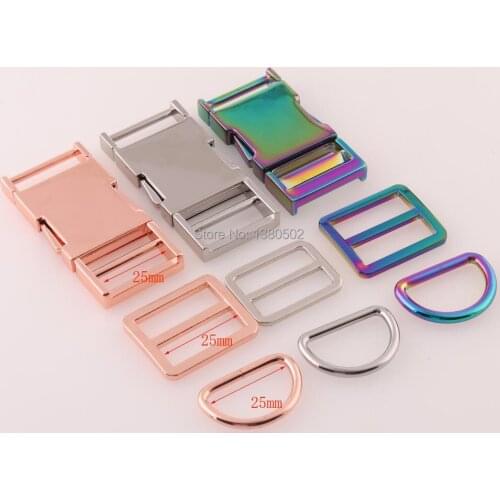 1set (3pcs) Quick Side Release Buckle Rose Gold/silver/rainbow color Slider buckle D ring for 25mm Strap bag garment accessories