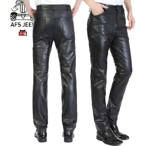 29-39 New Male Plus Size Pants Mens Brand Genuine Leather Sheepskin Leather Pants Thickening Slim Straight Leather Trousers