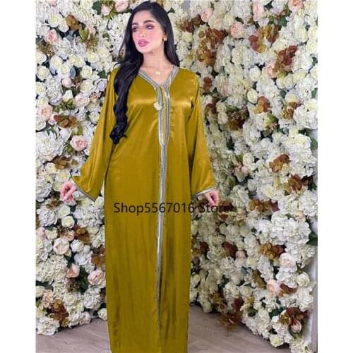 Arabic Dresses for Women Fall 2020 Golden Ribbon Patchwork V Neck Long Sleeve Maxi Dress Muslim Turkish Clothing Satin