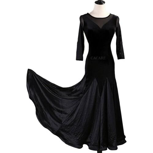 CACARE Ballroom Dance Competition Dresses Waltz Dress Standard Dance Dresses D0950 Velvet Mesh Sleeve Big Ruffled Hem