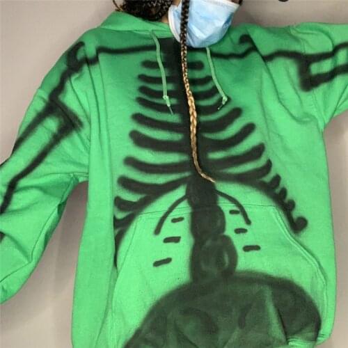 Dourbesty Gothic Style Skeleton Print Hoodies Drawstring Long Sleeve Pullovers with Front Pocket Women Autumn Loose Sweatshirts