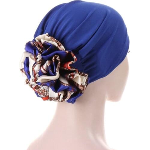 Stretchy Satin Flower Turban Bonnet For Women Muslim Under Hijab Caps Solid Color Islamic Inner Hijabs Headwrap Chemo Cap