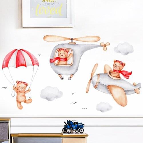 Fly In The Sky Cute Animals Bear Wall Stickers for Kids Room Nursery Boys Room Vinyl Wall Decals Art Murals Home Decoration