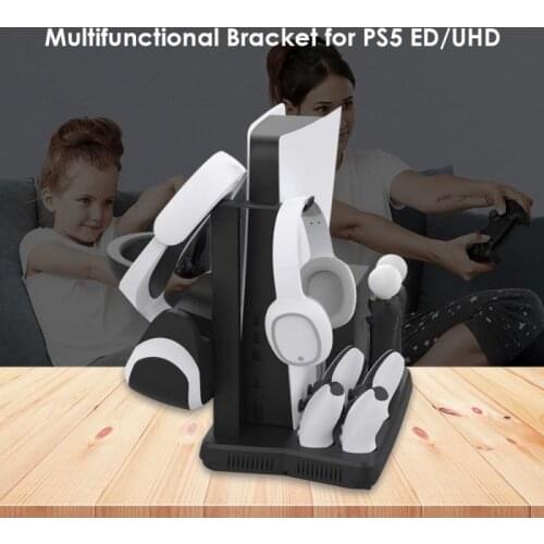 Multifunctional Vertical Cooling Stand Base Fan Cooler Dual Charging Dock for PS5 Host with Headset Storage Rack Holder