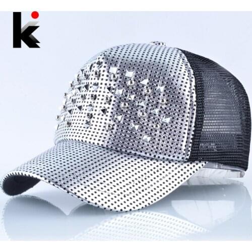Fashion Women Baseball Cap Men Shinning Hip Hop Casquette Rivet Snapback Trucker Bones Boys Summer Breathable Mesh K pop Hats