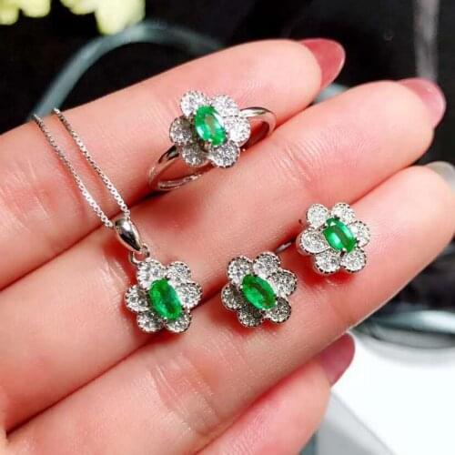 Real Natural Emerald jewelry set Natural Real Emerald 925 sterling silver 1pc pendant,1pc ring,2pcs Earring