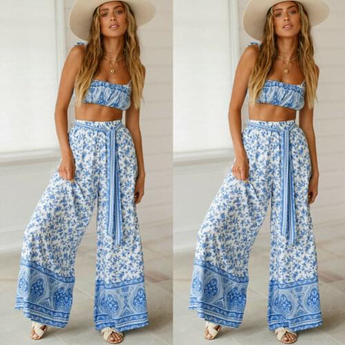 New Arrival Print Camis and Pants Summer Sexy Sleeveless High Waist Women Holiday Mini Beach Casual Trousers