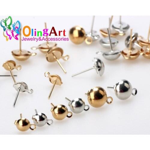 Olingart 50pcs 5/6/8mm Gold Silver plated Stud Earring Blank Base Fit Cabochon Settings Ear Post Earring DIY Jewelry Making