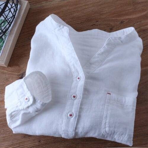 Simple V-neck long-sleeved shirt casual small fresh literary cotton shirt top QR-D02-66C