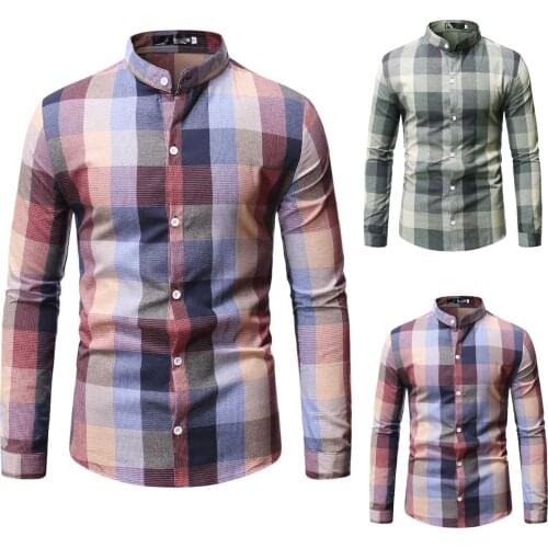 Harajuku Men Fashion Shirt Casual Plaid Button Long Sleeve Stand-collar Shirt Top Plaid Autumn Long Sleeve Stand-collar Shirt