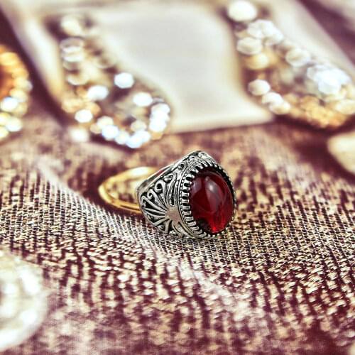 Sunspicems. Retro Silver Color Vintage Bohemia Ring Red Resin Punk Rock Jewelry for Women Ancient Men Anillo