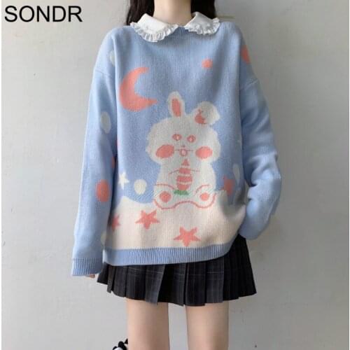 Cute Rabbit Print Sweater Women Jumpers Soft Girl Loose Long Sleeve Casual Pullovers Top 2020 Autumn Winter Blue Knit Sweaters