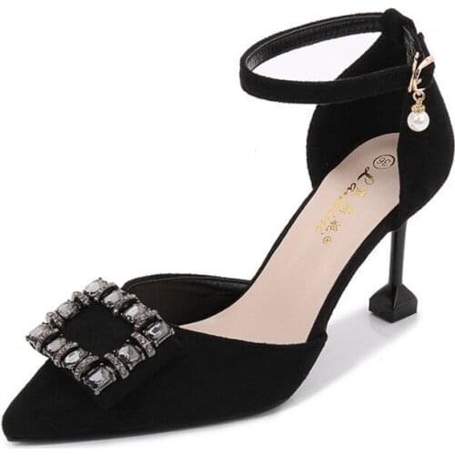 Shoes Thin Heel Candy Bright Color Hollow Roman Pointed Toe Flock 6CM 8CM Thin High Heels Buckle Strap Rhinestones Shallow