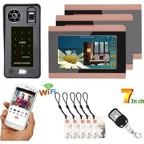 3 Monitors 7inch Wired Wifi Fingerprint IC Card Video Door Phone Doorbell Intercom System with Door Access Control System,Suppo
