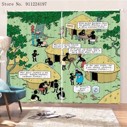 Les Aventures de Tintin et Milou 2 Panels Window Curtains Fabric Drapes Darkening Thermal Insulated Living Room Bedroom Cartoon