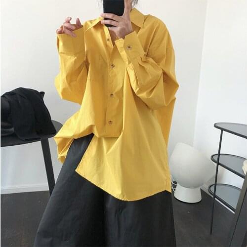 High Quality 2020 Spring Cotton Solid Shirts Vintage Loose Boyfriend Style Long Sleeve Yellow Plus Size Women Blouses and Shirt