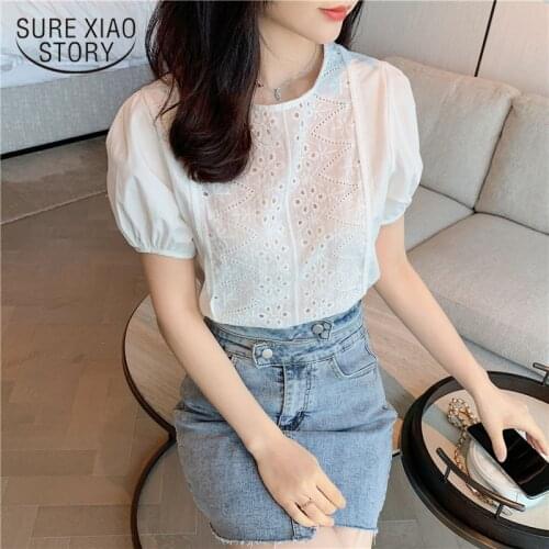 Women Korean 2021 Summer Round Collar Chic Sweet Short Sleeve Top Casual Solid Office Ladies Lace embroidery Shirt 14724