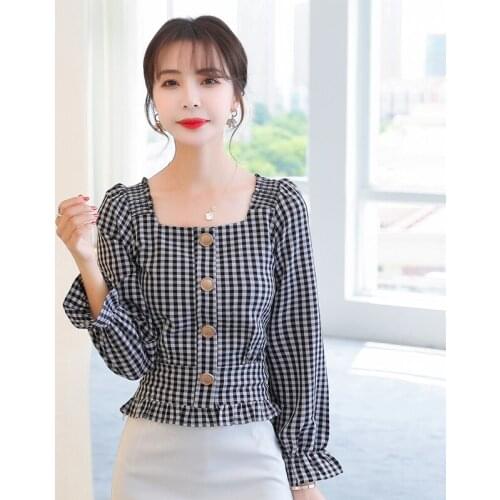 Woman Feminina WomenS Vintage Blouse Fashion Clothes 2020 Spring Autumn Plaid Shirts Female D0141