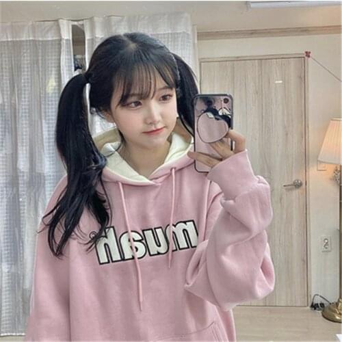 Sweet Pink Sweatershirt For Women Autumn Winter Korean Casual Hooded Collar Letter-printed Warm Pullover Top Loose Outwear 2020