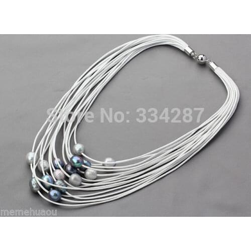 11-12mm Grey & Black Freshwater Pearl on Multi-Strand Leather Women Necklace