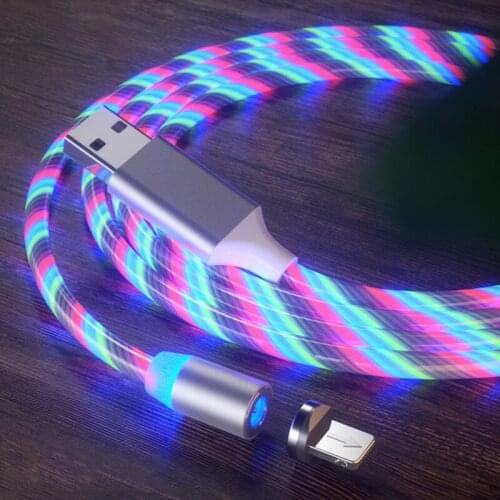 2m Magnetic Cable USB Type C Cord Flow Luminous Lighting Data Wire For iphone Huawei Xiaomi Mobile Phone LED Magnetic Cable cord