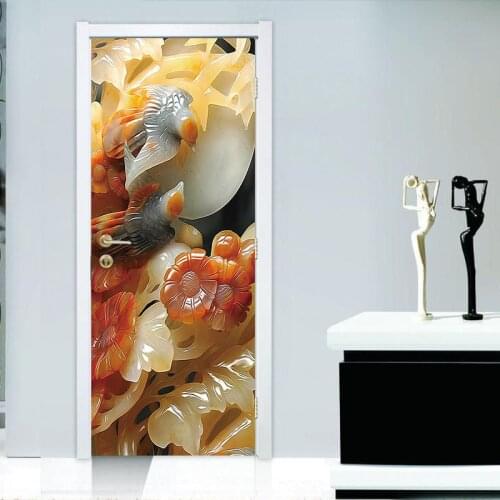 2 Pcs /set 3D Vivid Flower jade carvil Door Wallpaper Wall Sticker DIY Waterproof Imitation Mural Bedroom Home Decor Poster