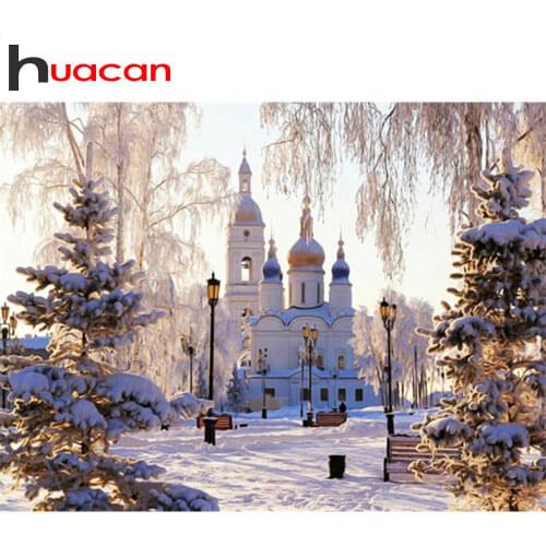 Huacan Full Square/Round Diamond Painting Church Winter 5D Diamonds Embroidery Mosaic Landscape Needlework Decoration For Home