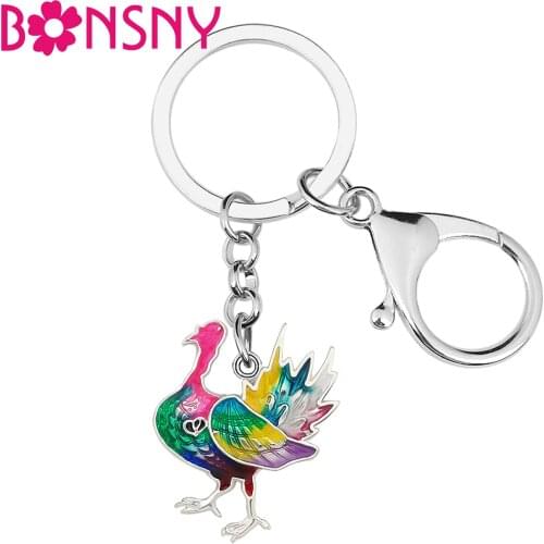 BONSNY Thanksgiving Enamel Alloy Floral Turkey Chicken Keychains Ring Fashion Novelty Key Chain Unique Gifts Jewelry For Women