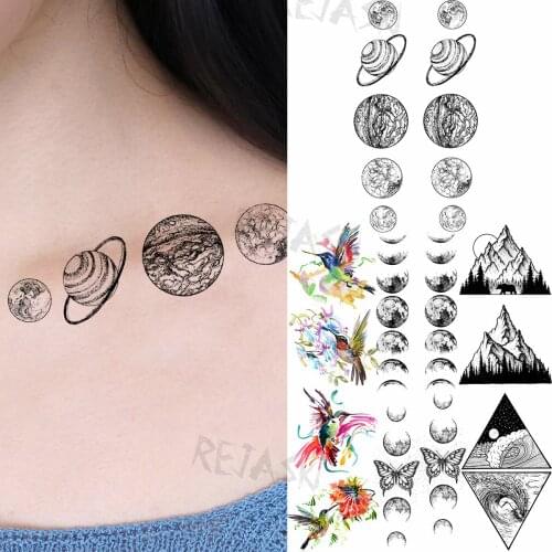Black Universe Planet Clavicle Sexy Temporary Tattoos For Women Adult Hummingbird Mountain Fake Tattoo Body Art Washable Tatoos