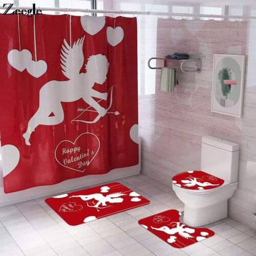 Cupid Valentines Day Printed Shower Curtain Polyester with Bathroom Mat Set 4PCS Non-slip Bath Mat Set Water Absorbing Bath Mat