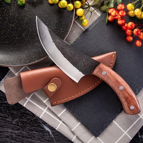 Forged Kitchen Knife High Carbon Steel Butcher Machete Knife Hammered Pattern Wood Handle Slice Fish Deboning cut meat Cutter