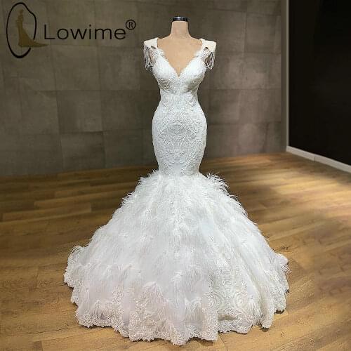Elegant Ivory Mermaid Wedding Dresses Sexy V Neck Feathers Luxury Beading Lace Bridal Gowns Vestidos De Novoa