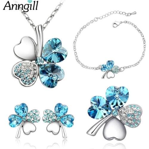Hot 4pcs 100% Crystals from Swarovsk Wedding Jewelry Sets Necklace Bracelet Brooch Earrings Lucky Clover Jewelry Top Quality