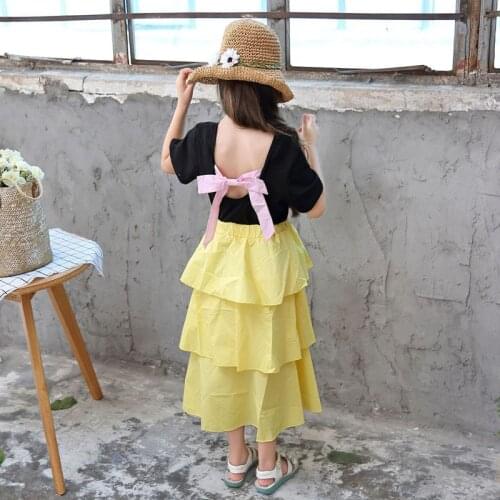 MERI AMMI 2pcs Clothing Outfit Set Baby Suit Black Top+TuTu Layer Shirt Fashion Bowknot Dressing For 2-11 Year Girl, J556