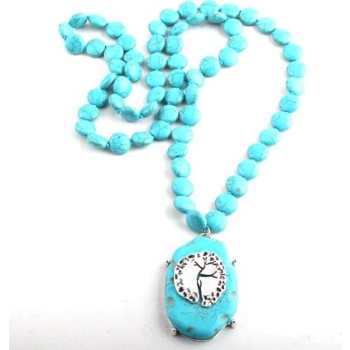 Fashion Bohemian Tribal Jewelry 8mm White / Turq Flat Long Knotted Matching Stone Pendant Necklace For Women Necklaces