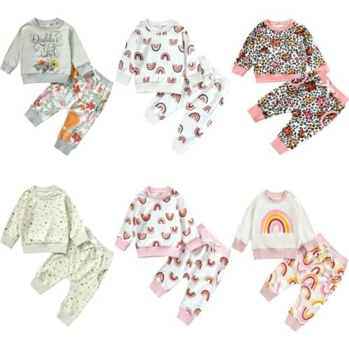 0-3Y Fashion Toddler Kids Girls Clothes Sets Spring Autumn Newborn Infant Girls Rainbow Print Sweatshirts+Long Pants Trousers