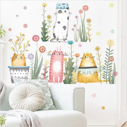 Cartoon Fat Cats With Small Flowers Wallpaper Removable Childrens Bedroom Stickers Self Adhesive Living Room Wall Decal