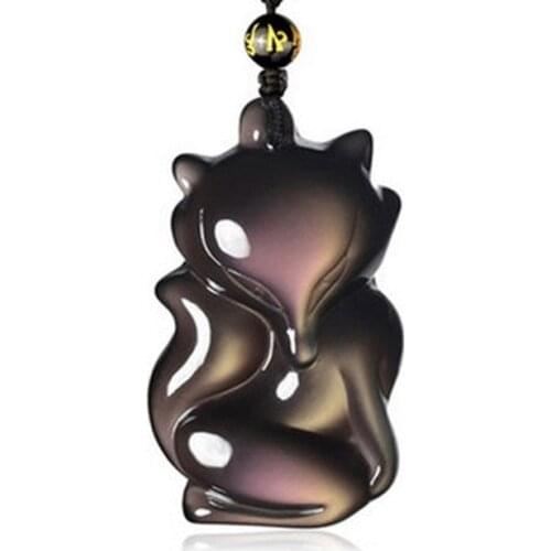 Genuine Natural Black Obsidian Rainbow Green Purple Pendant Flash Light Fox Carved 33x19mm Necklace Drop Shipping AAAAA