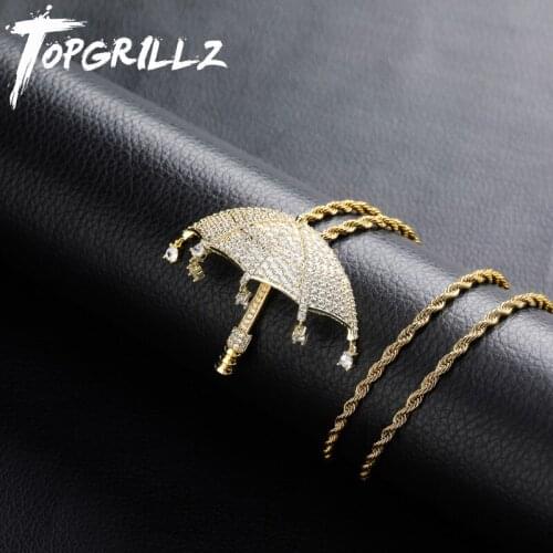 TOPGRILLZ Micro Paved Iced Out Umbrella Pendant Necklace AAA Cubic Zircon Hip Hop Jewelry For Men Women