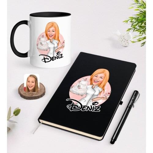 Personalized Women 'S Cook Caricature Of Black Notebook pen And Mug Seti-3
