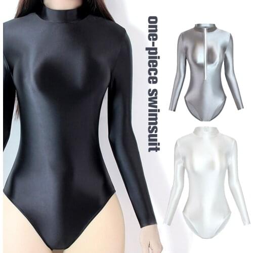 Sexy Shiny Satin Leotards One-Piece Swimsuit Women Sparkly Bathing Suits Female Tight-fitting Silky Glossy Swimsuits