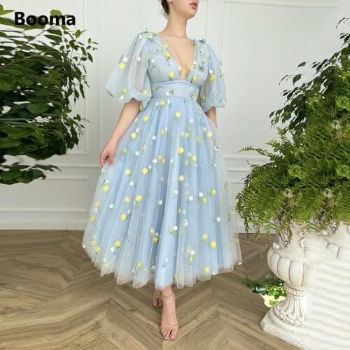 Booma Deep V-Neck Blue Tulle Midi Prom Dresses Half Puff Sleeves Embroidered Lace Prom Gowns Tea-Length Wedding Party Dresses