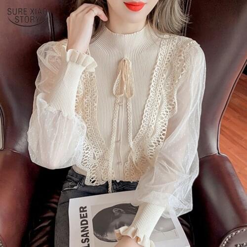 Stitched Long Sleeve Blouses Korean Stand Collar Mesh Chiffon Shirt Women Gentle Ruffle Bow Tie Knitted Shirts Tops Blusas 16847