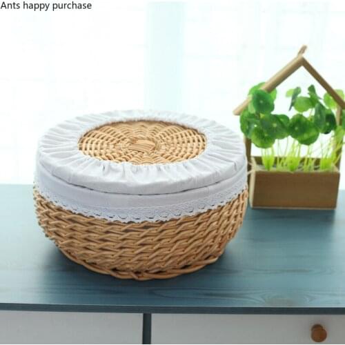 Rattan Home Use Bread Braided Frame Kitchen Supplies Willow Fruit Snacks Storage Basket Food Cloth Lining Storage Box with Cover