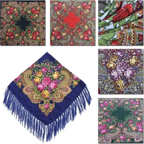 Russian Style National Square Scarf Winter Warm Blanket Shawl Retro Ladies Large Fringed Scarves Hijab Head Wraps