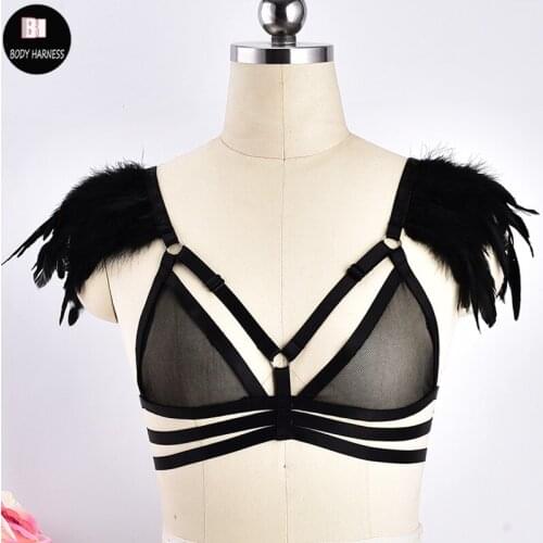 Sexy Black Feather Body Harness Cage Angel Wings Women Elastic Adjust Rave Wear Perspective Crop Top Harness Bra