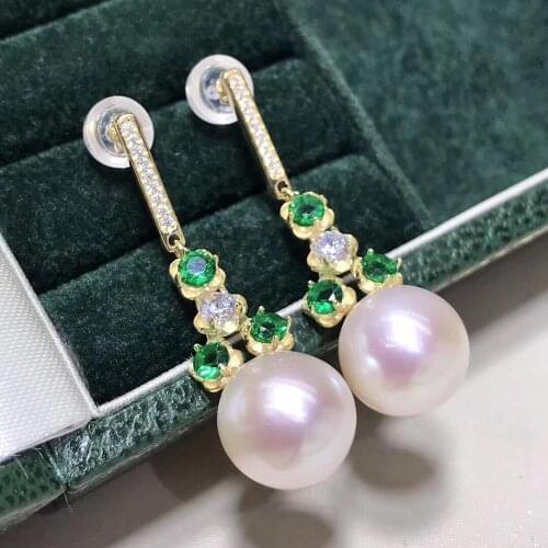 Pure 925 Sterling Silver Fine Jewelry Fresh Water White 9-10mm Round Pearl Dangle Earrings for Women Fine Pearl Earrings