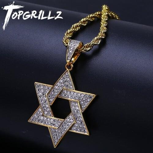 TOPGRILLZ Hip Hop Men Gold Color Plated Jewelry Micro Pave Iced Out CZ Stone Star Of David Pendant Necklaces With Rope Chain