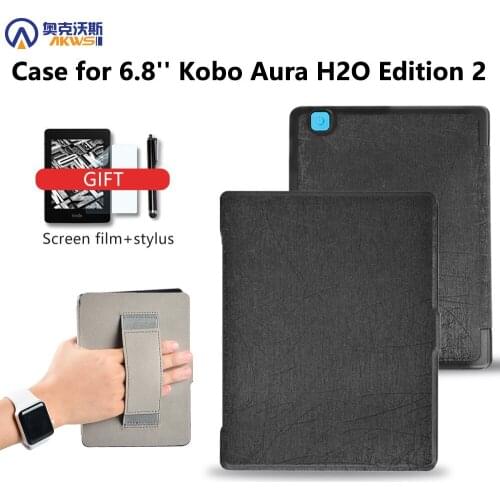 Smart cover case for 2017 Kobo aura H2O edition 2 6.8" water proof ereader with hand holder/ hand grap+free gift
